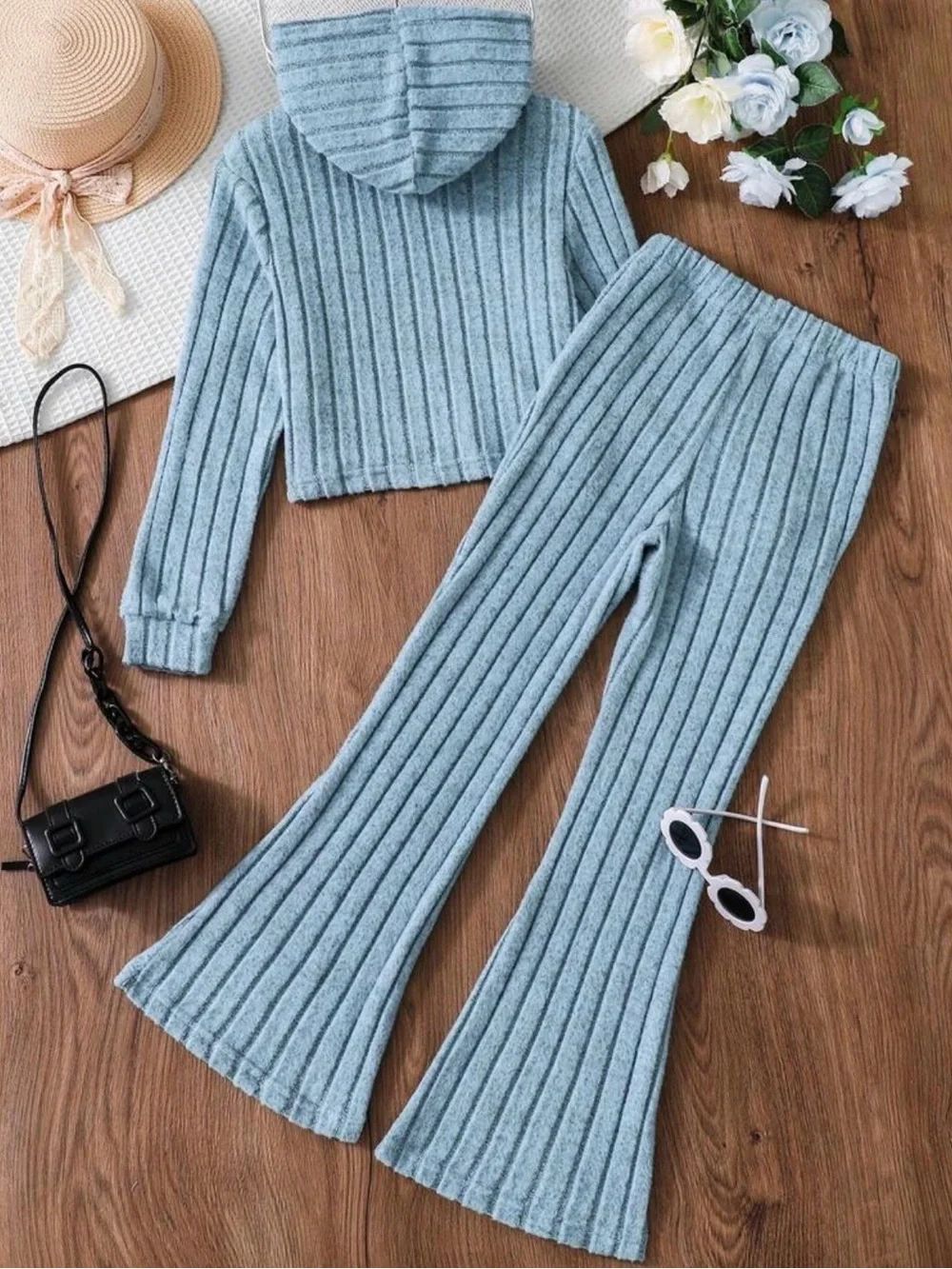 SHEIN Girls Blue Ribbed Knit Flared Pants Set with Hood